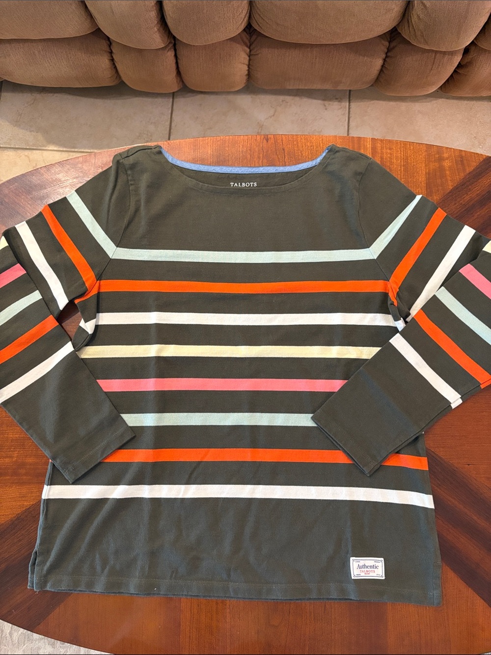 Talbots Women’s Authentic Tee Olive Green Long-Sleeve Striped Top